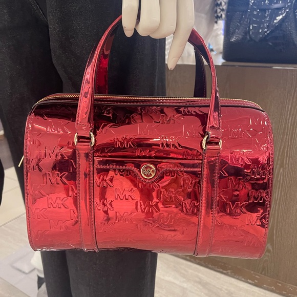 MICHAEL KORS Jet Set Medium Metallic Logo Debossed Satchel
Cherry 
NWT - Picture 8 of 16